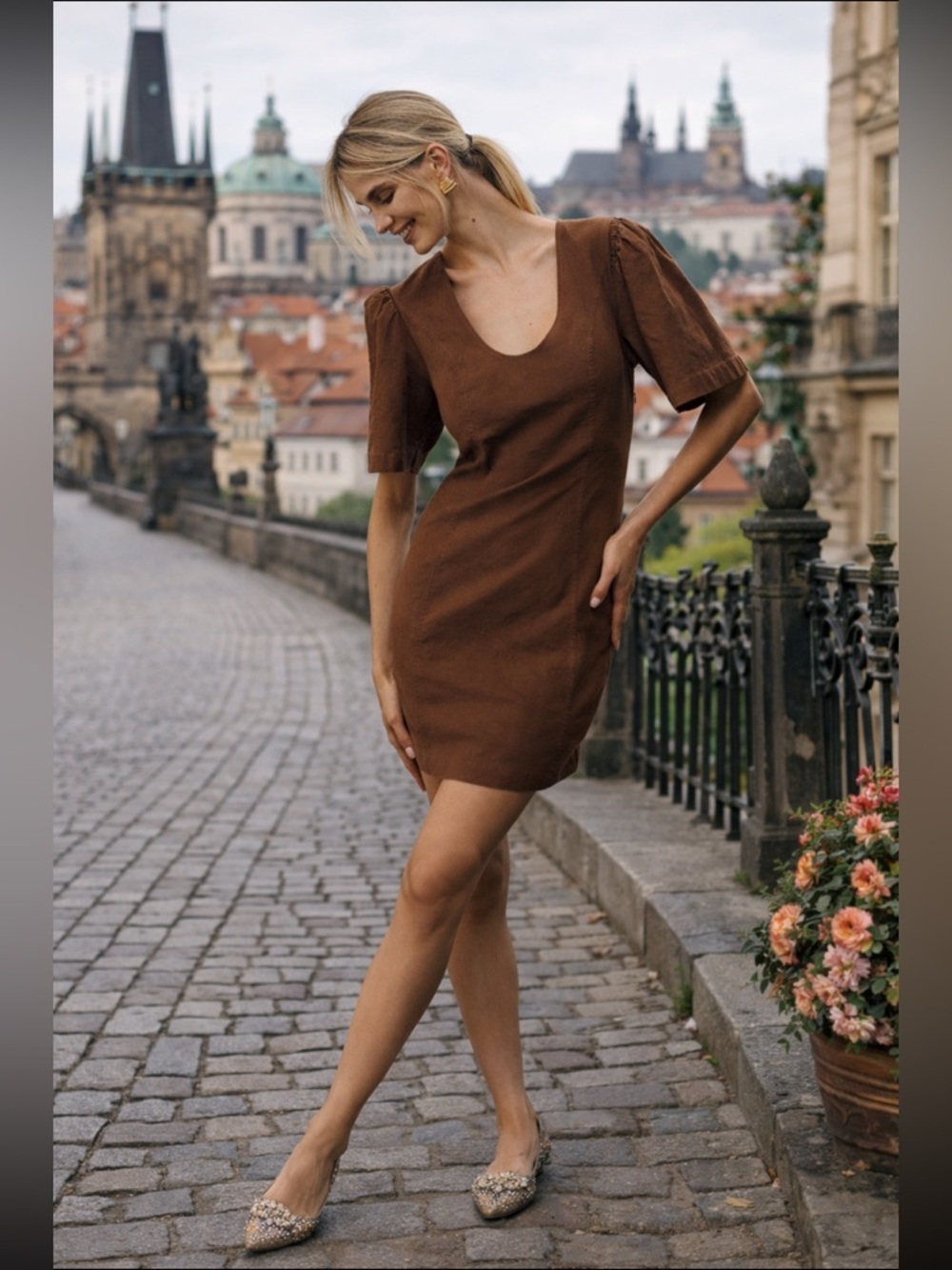 Linen Anthropologie NWT Maeve Puff-Sleeve Back-Cutout Mini Dress size XL.